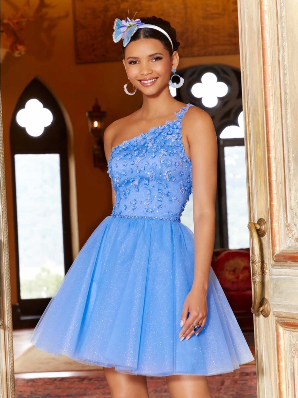 Mori Lee One-Shoulder Light Blue Embellished Party Dress